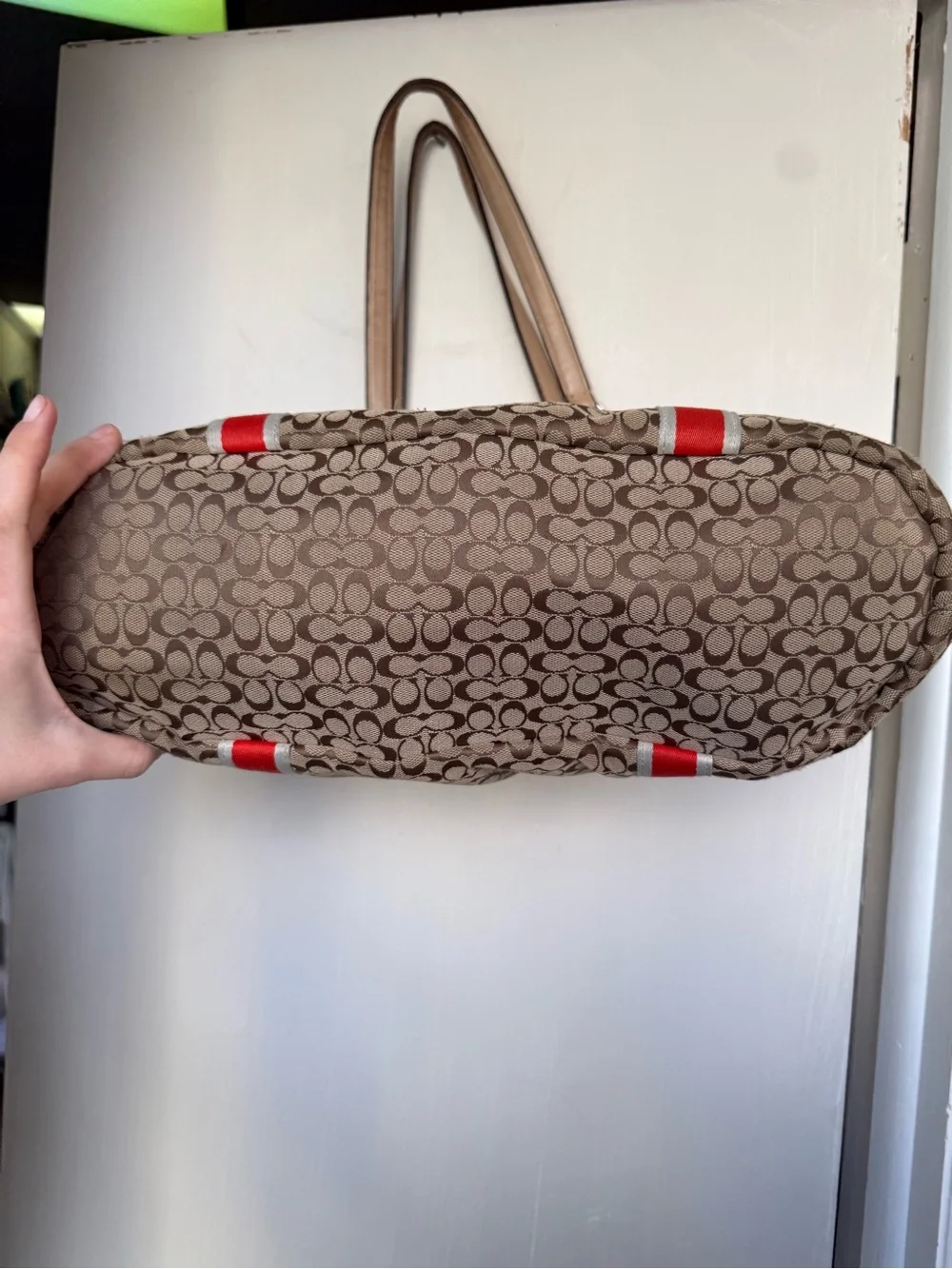Coach Beige Signature Tote with Red Stripe Accents